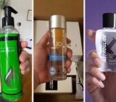 Anal Lube Guide showing different types of lubricants: water-based, silicone-based, and oil-based bottles side by side