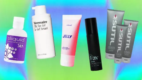 Collection of different anal lubricants including water-based, silicone-based and oil-based types against a colorful background